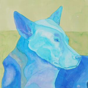 Watery drawing of a cyan and purple dog with big ears against a green background