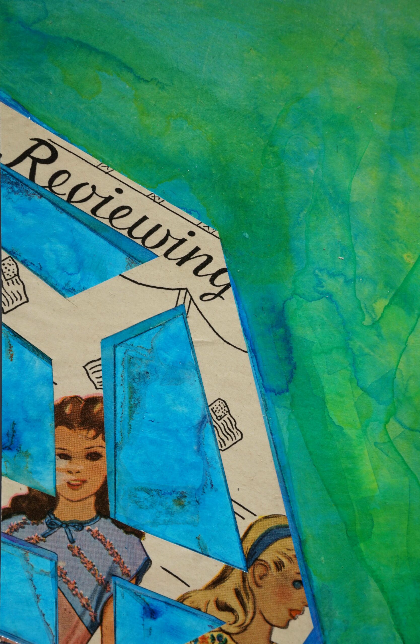 A drippy painting/collage incorporating a 1940s (?) magazine illustration with parts of two girls' upper bodies and three cut up flags; the word "Reviewing" is discernible, written in clunky script