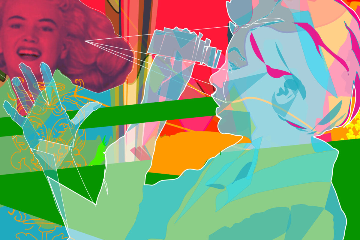 illustration/digital collage: woman in profile holding a viewing instrument; colors are unnaturally bright and a second woman floats in the background