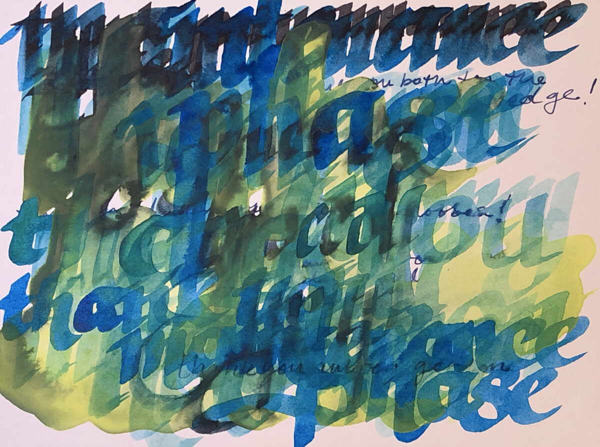 Watery drippy text overlapping in blue, black, yellow, and green, mostly illegible