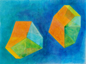 Two ten-sided objects float in a blue-marine field. They are imaginary. The walls are multi-layered, translucent, and orange, green, and blue.