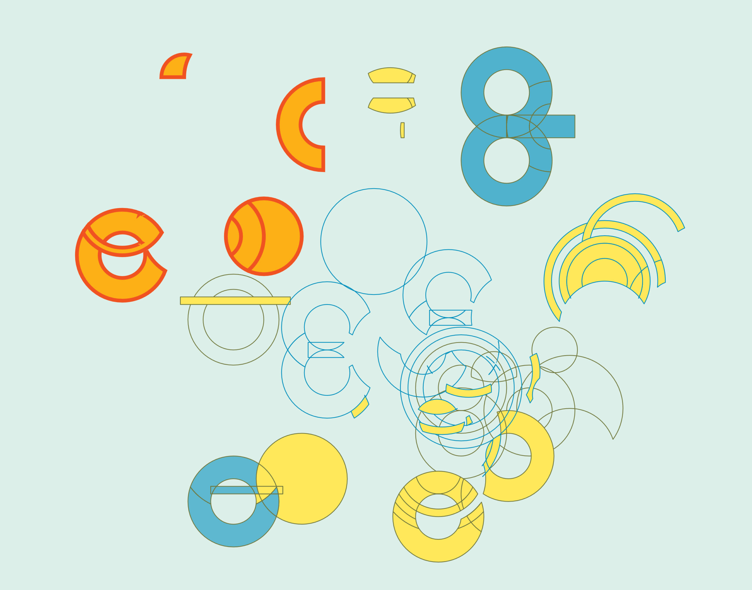 blue, yellow, and orange shapes derived from circles, shown on blue background