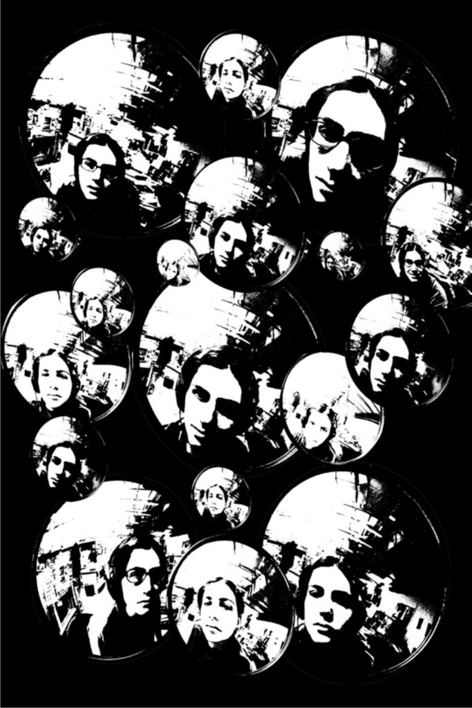 bubble-like collection of self portraits in circular mirrors (greyscale on black background)