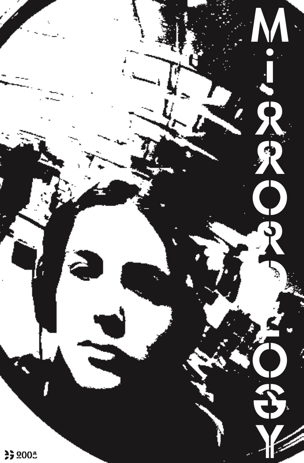Mirrorology self-portrait circular reflection, reduced fidelity (high contrast greyscale on white background)