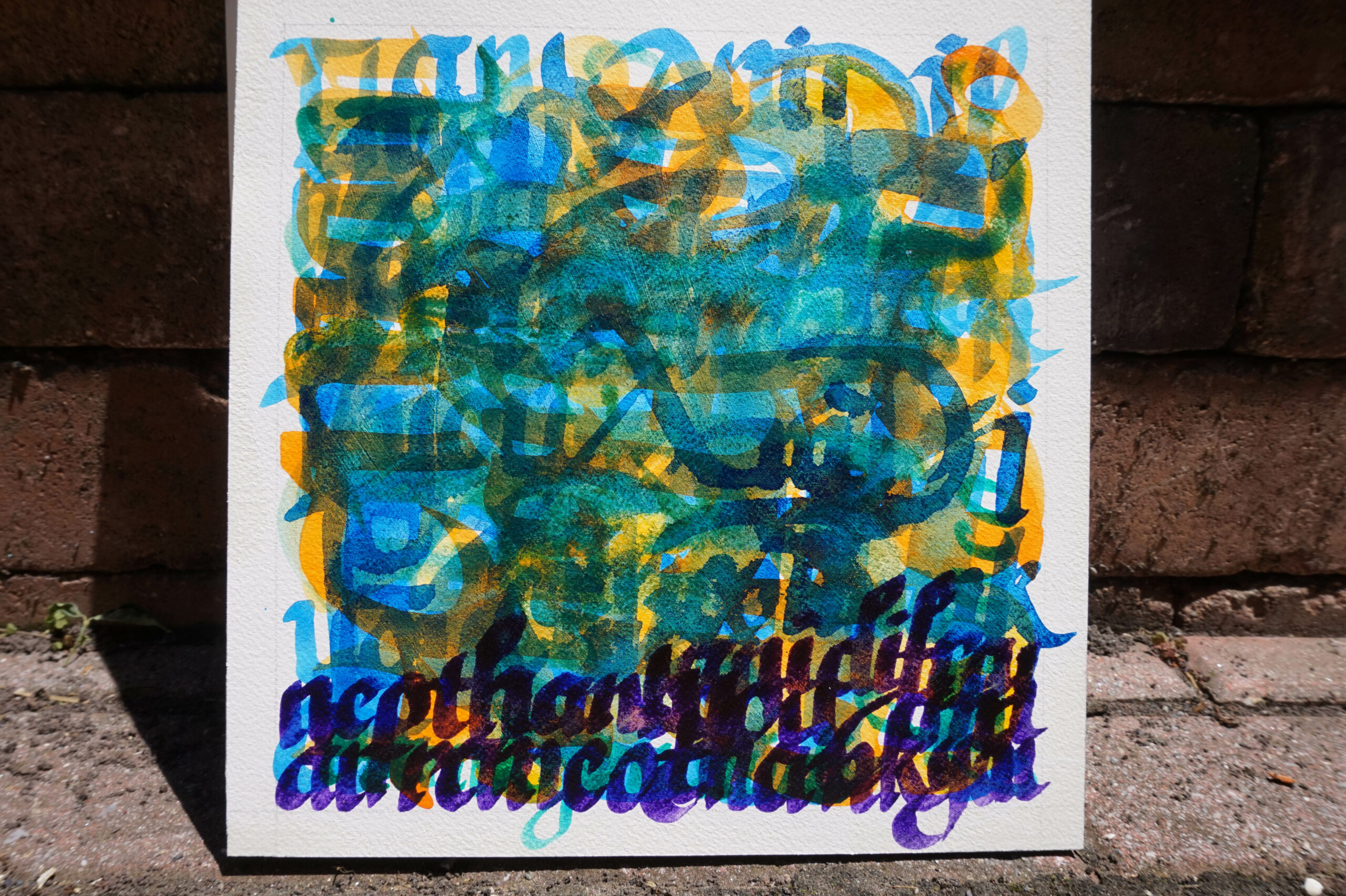 An abstract painting on a square sheet of gatorboard with bricks in the background; text is mostly illegible but reads Thank you Ani DiFranco. 
