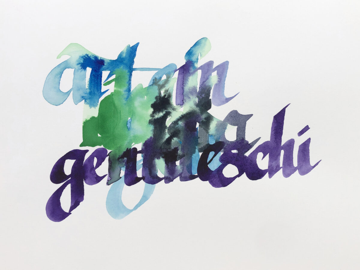 watery calligraphy reads "thank you" (illegible) "artemisia gentileschi" in green, blue, purple, and black