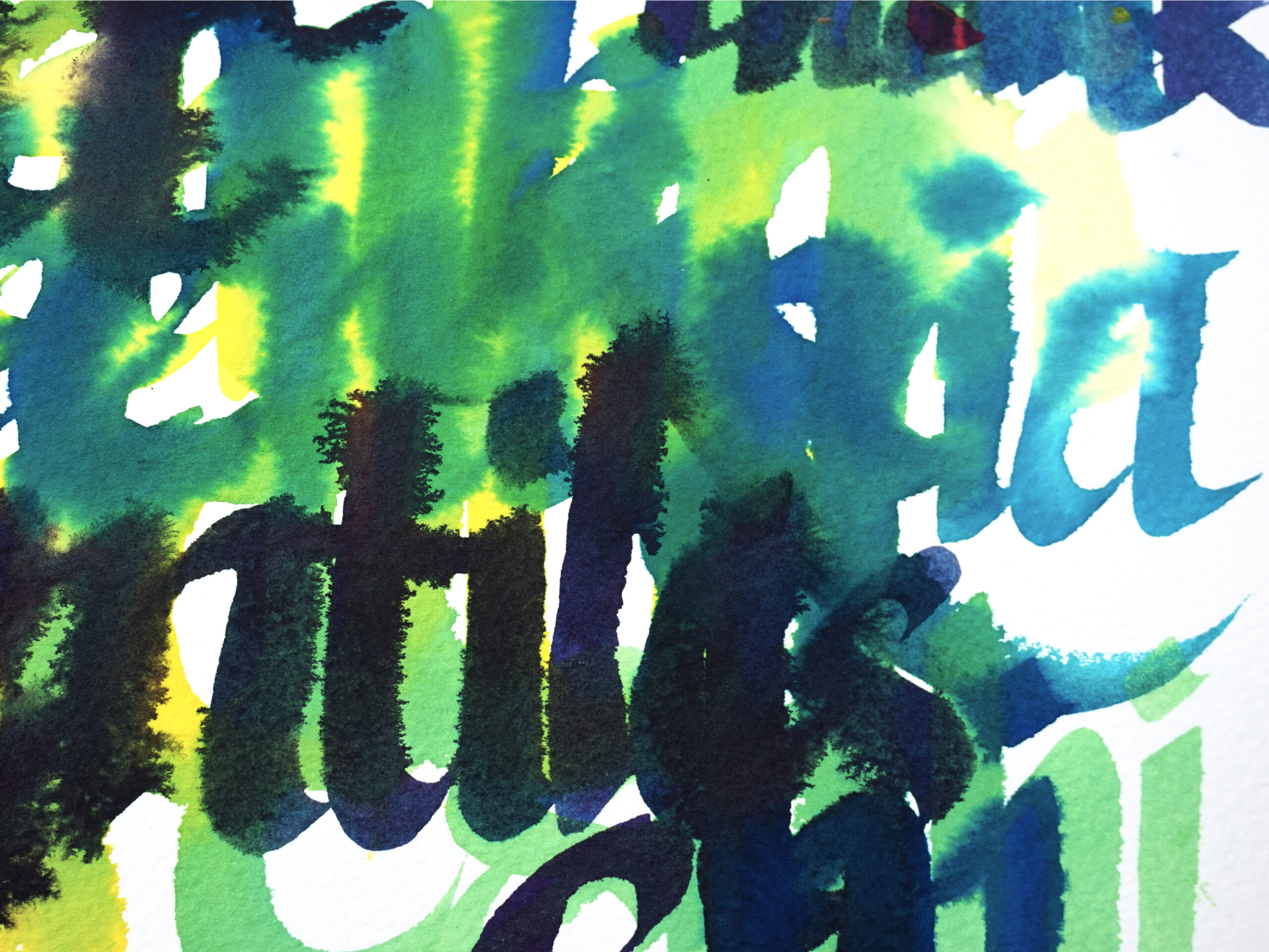 close up of watery calligraphy reads "thank you artemisia gentileschi" (illegible) in yellow, black, blue, and green