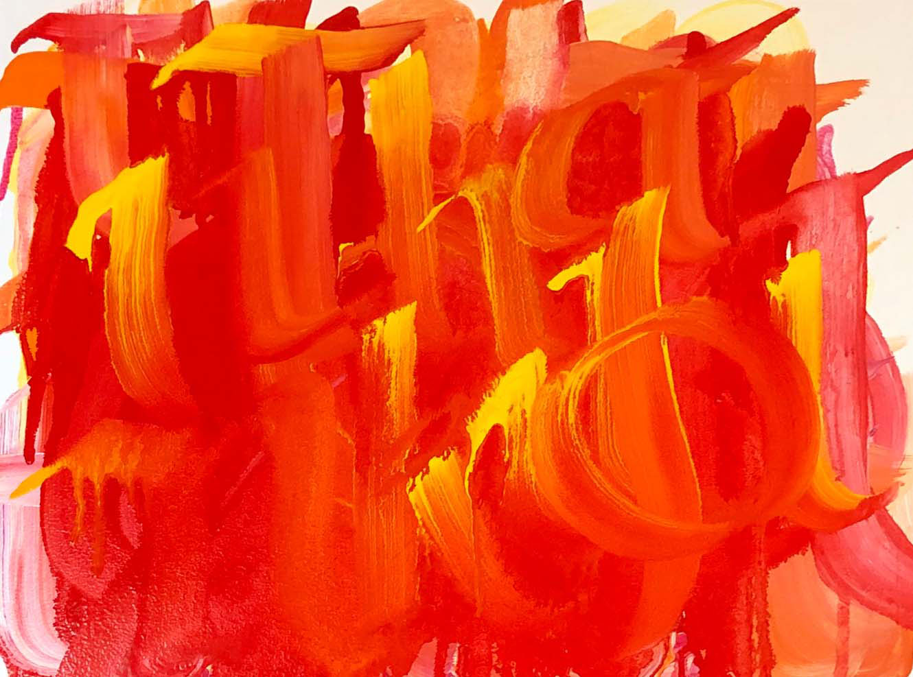 A very bright field of orange and yellow brushstrokes shows many letters overlapping each other. 