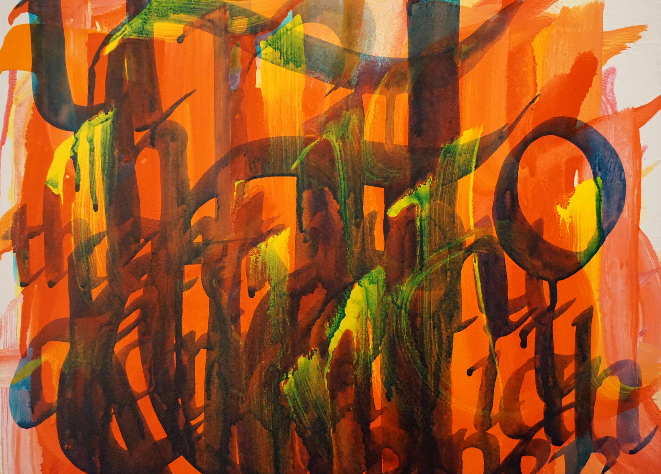 A darkening field of orange and green-black brushstrokes shows many letters overlapping each other. 