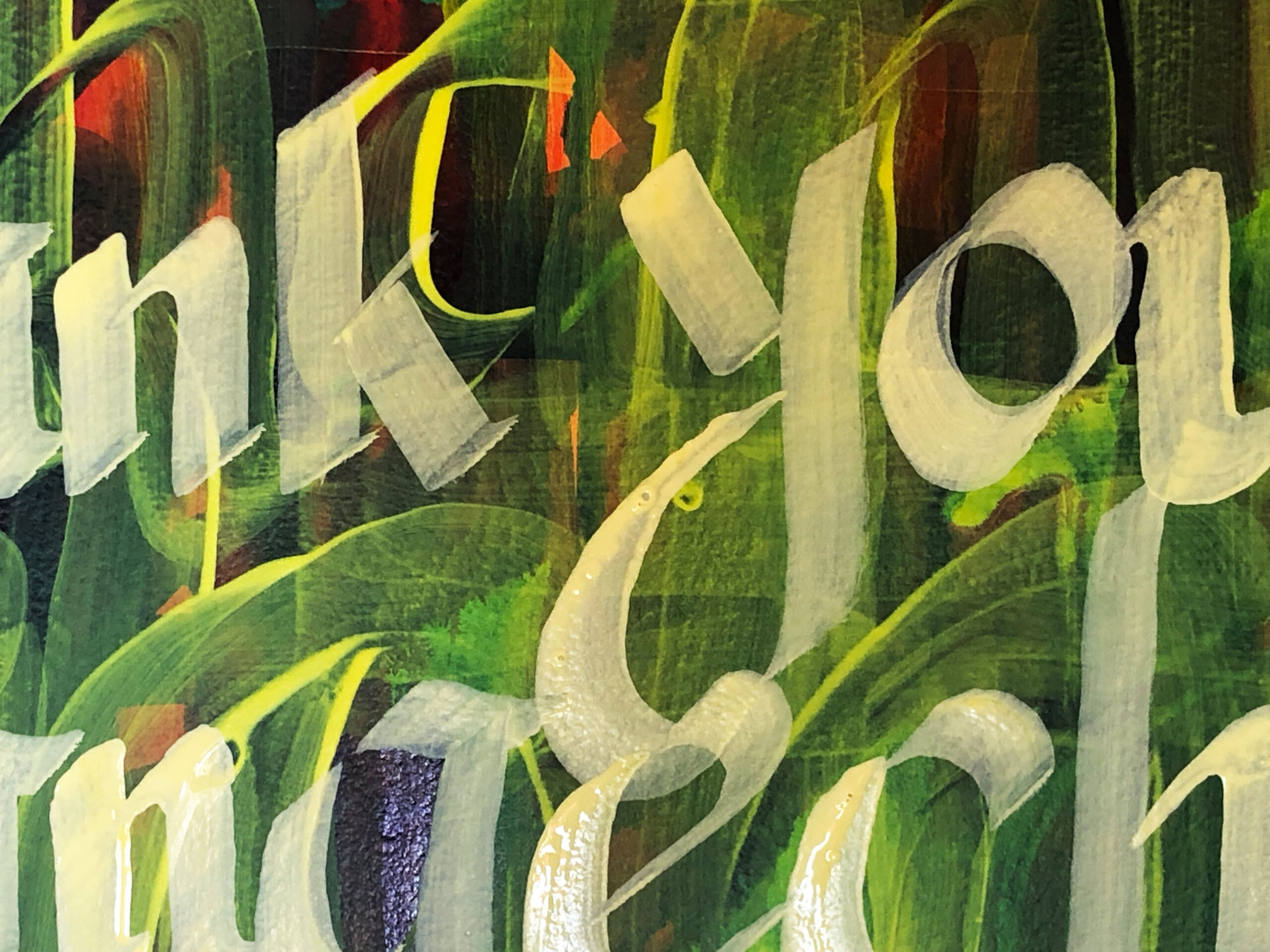 A dark field of green with pale yellow brushstrokes shows many letters overlapping and intertwining with each other. 
