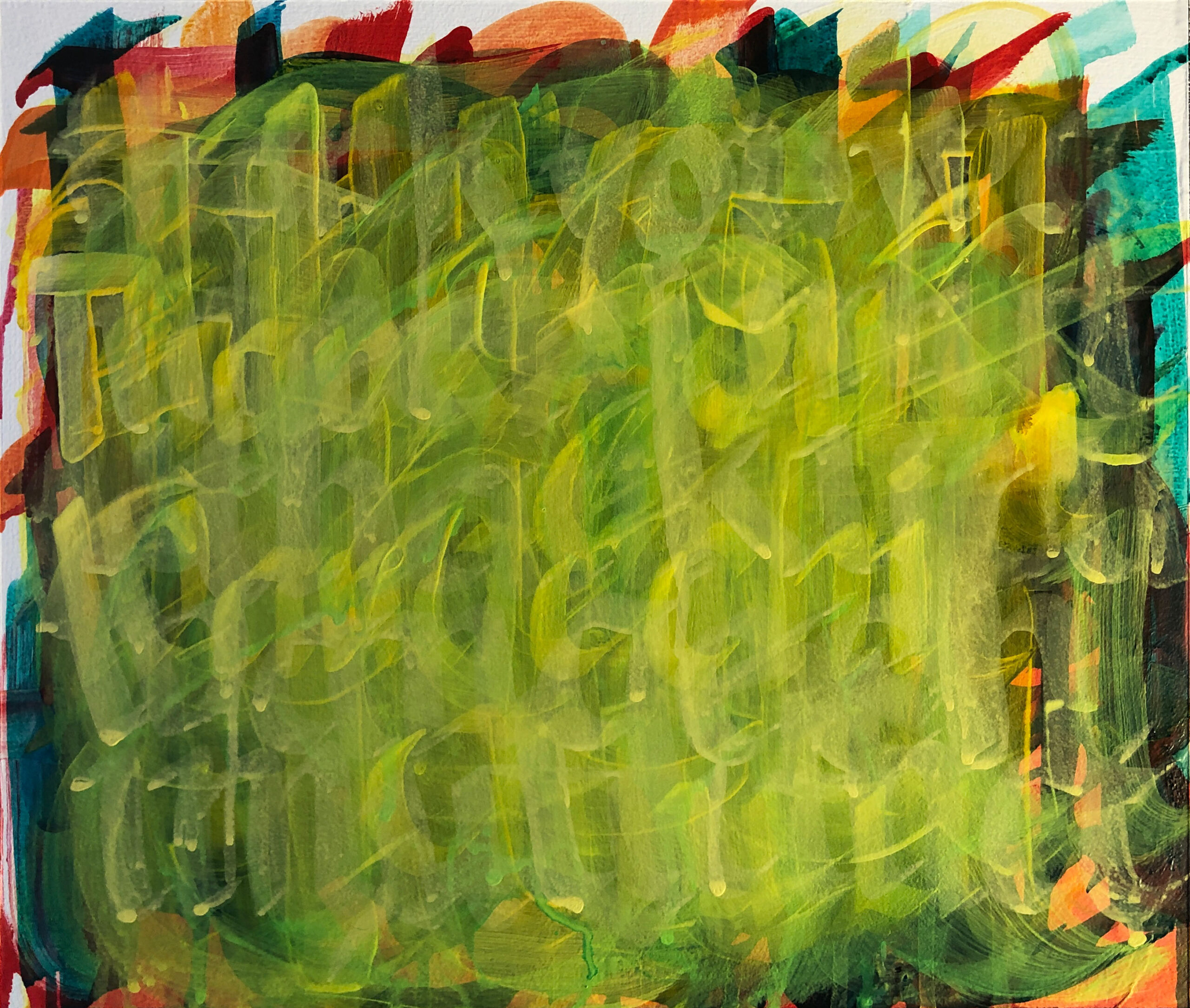 A dark background field is overlaid with multiple layers of lemony yellow brushstrokes, showing letters overlapping each other. 