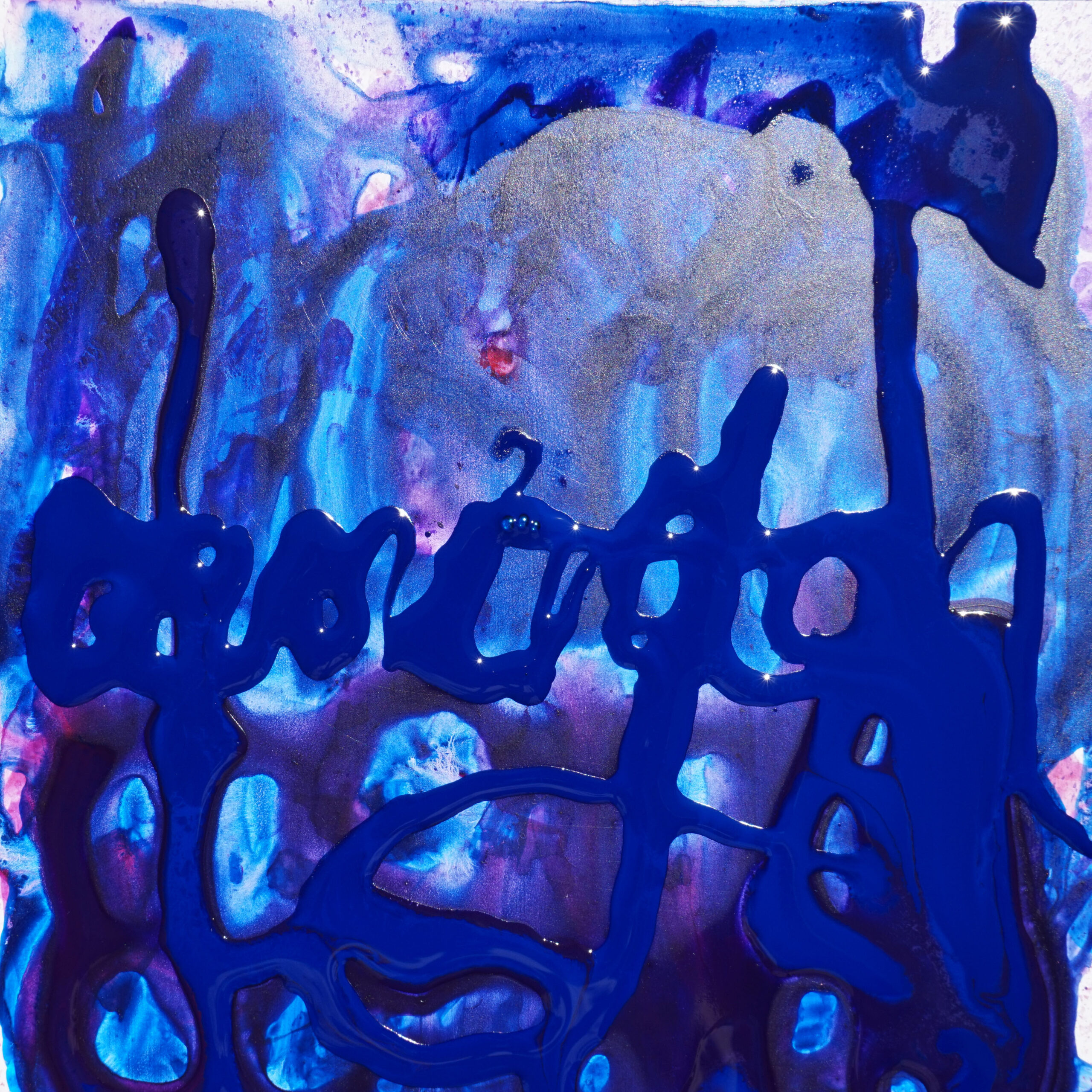 purple and blue layered, watery calligraphy drawn with acrylic paint and ink on gator board