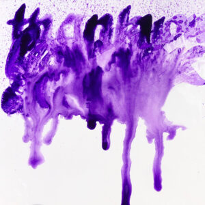 purple watery calligraphy drawn with acrylic paint and ink on gator board