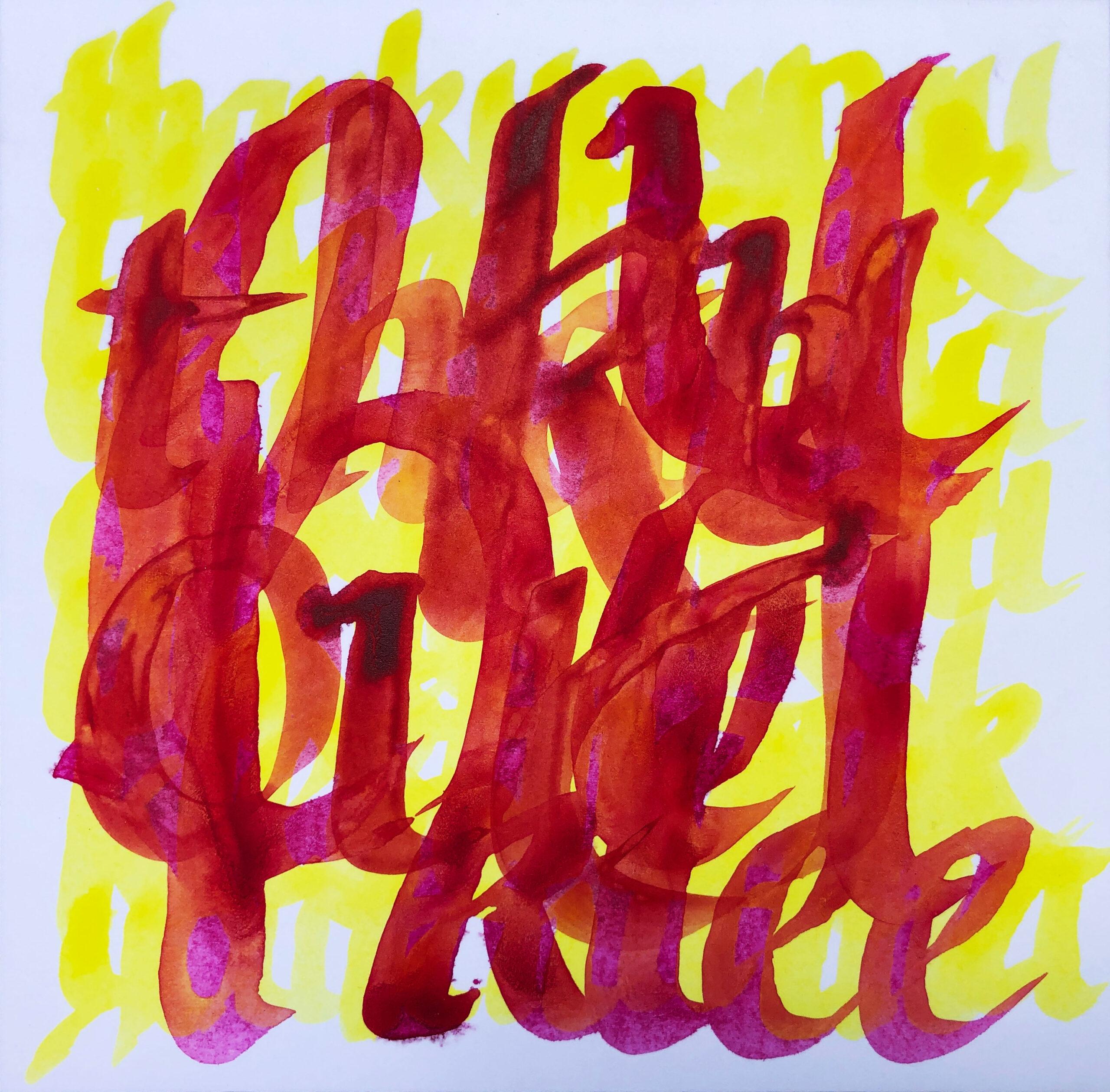 red, yellow, and magenta layered, watery calligraphy drawn with acrylic paint and ink on gator board