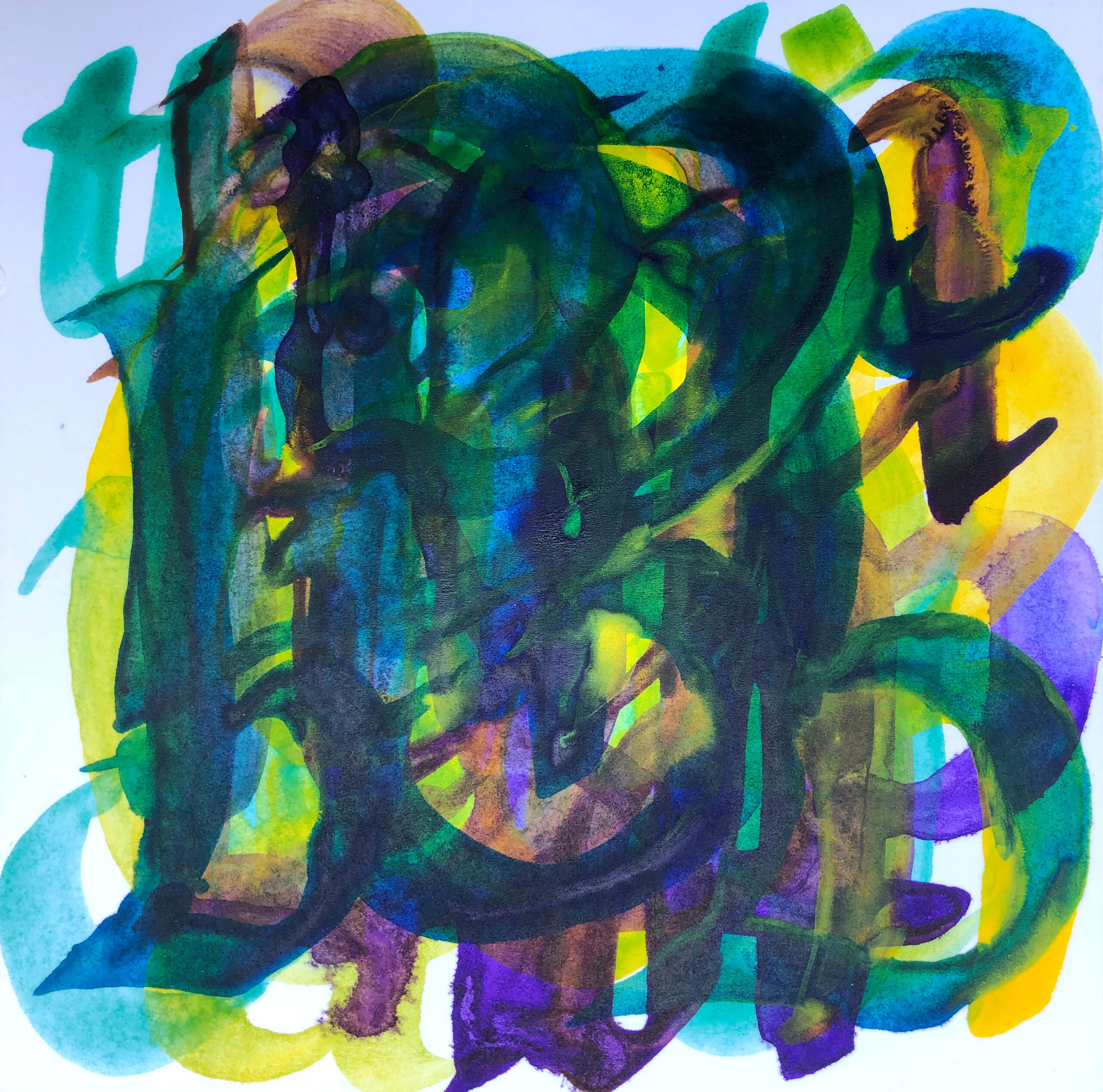 yellow, purple, blue, and green layered, watery calligraphy drawn with acrylic paint and ink on gator board