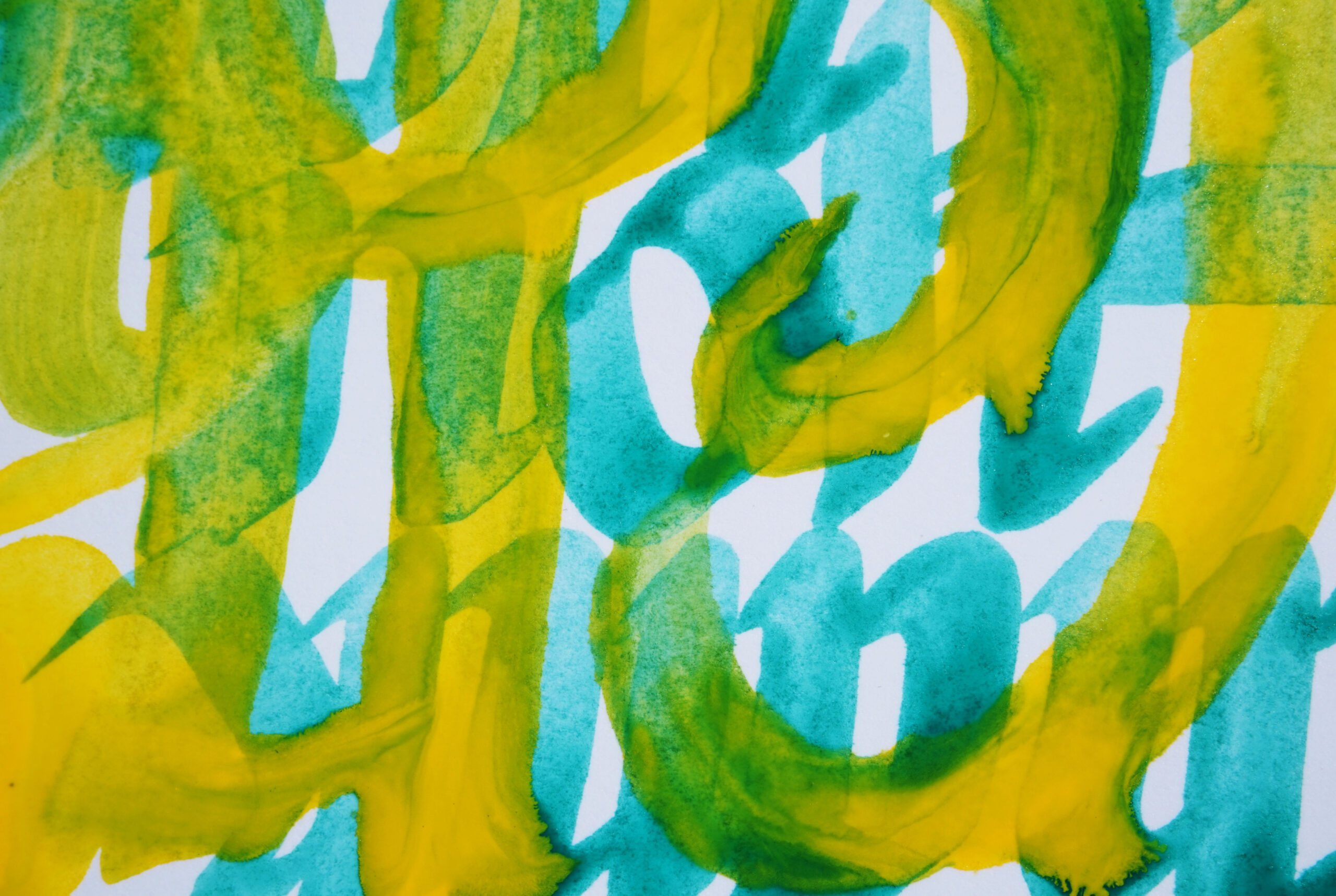 blue-green and yellow layered, watery calligraphy drawn with acrylic paint and ink on gator board