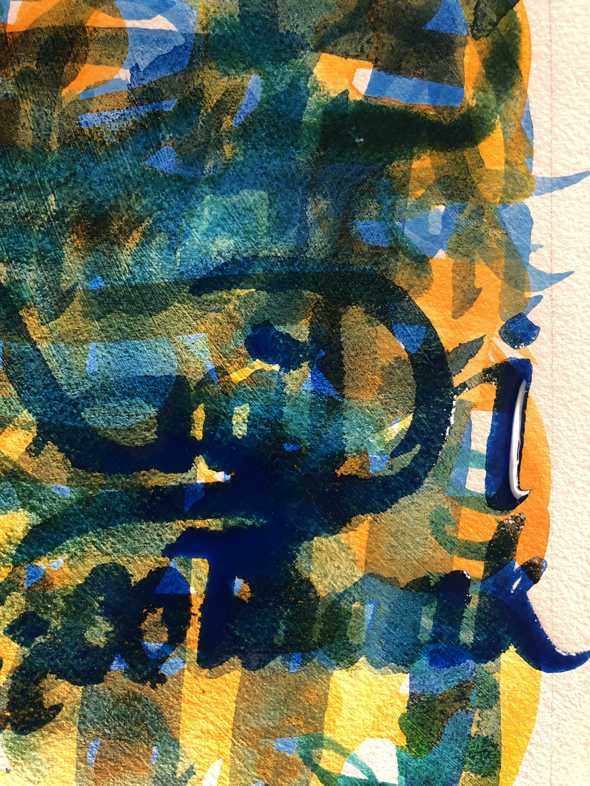 layers of hand lettering in orange, gold, turquoise, and phthalo blue; "Ani Di" "thank" and "nco" are partially legible; "Di" and "nk" are wet and reflect light