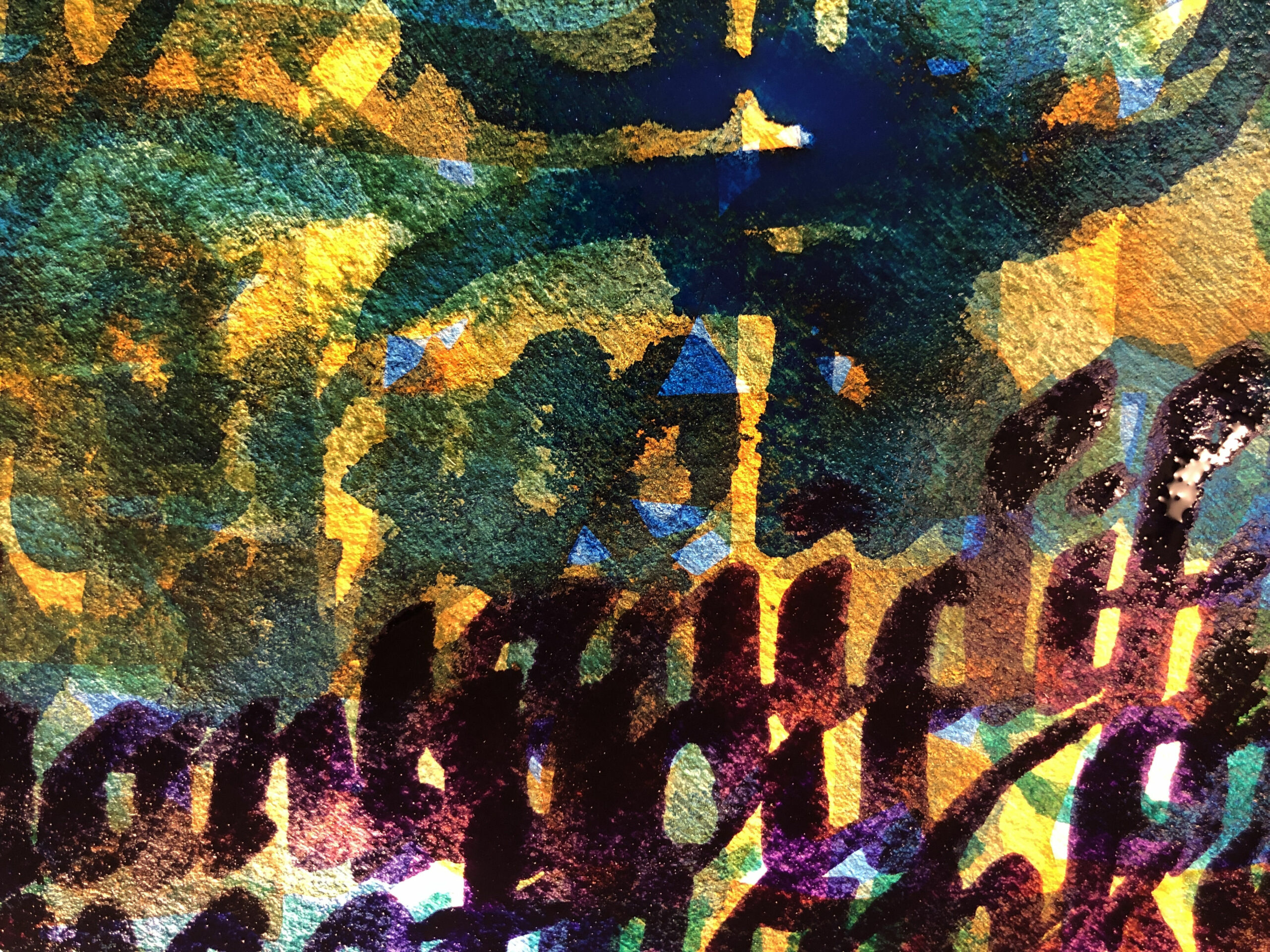 layers of hand lettering in orange, gold, plum/purple, and phthalo blue; "anidifr" and "ankyou" are partially legible; some of the plum ink is wet and reflects light