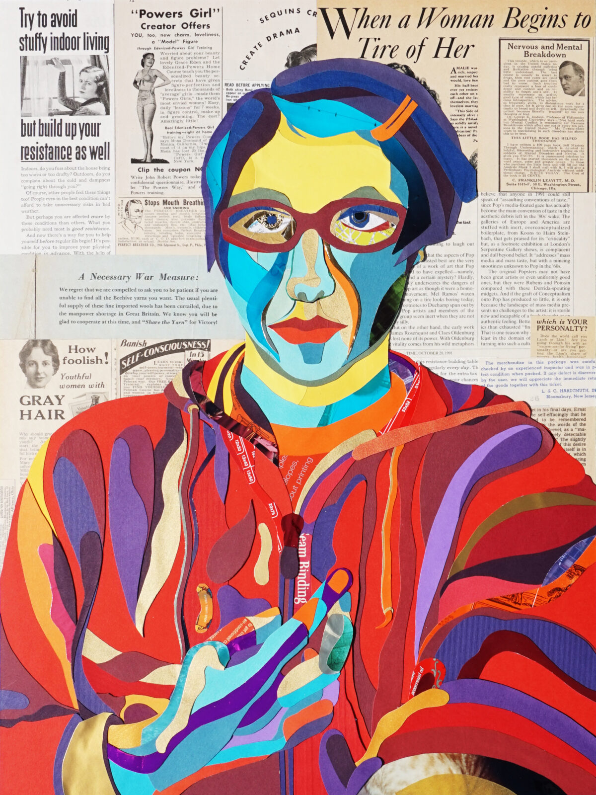 Layered paper image depicting me with a blue/yellow face, wearing a hoodie.