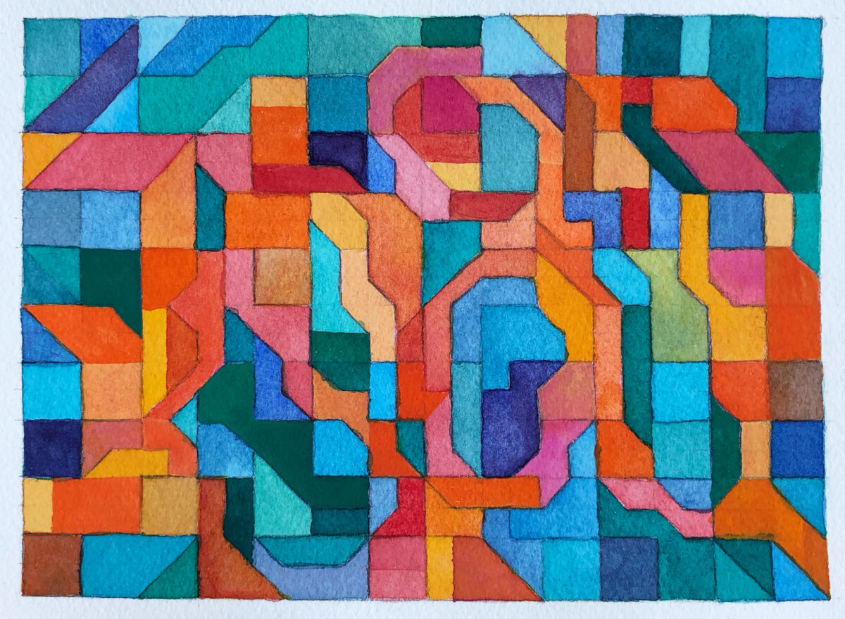 Squares, trapezoids, and other straight-sided shapes fit together like tetris. It’s a lot of right angles. The shapes are colored so you can just make out “Than/k you” if you squint, maybe. Letters are in bright warm pink and orange, and non-letters are cool blues, aqua, and green.