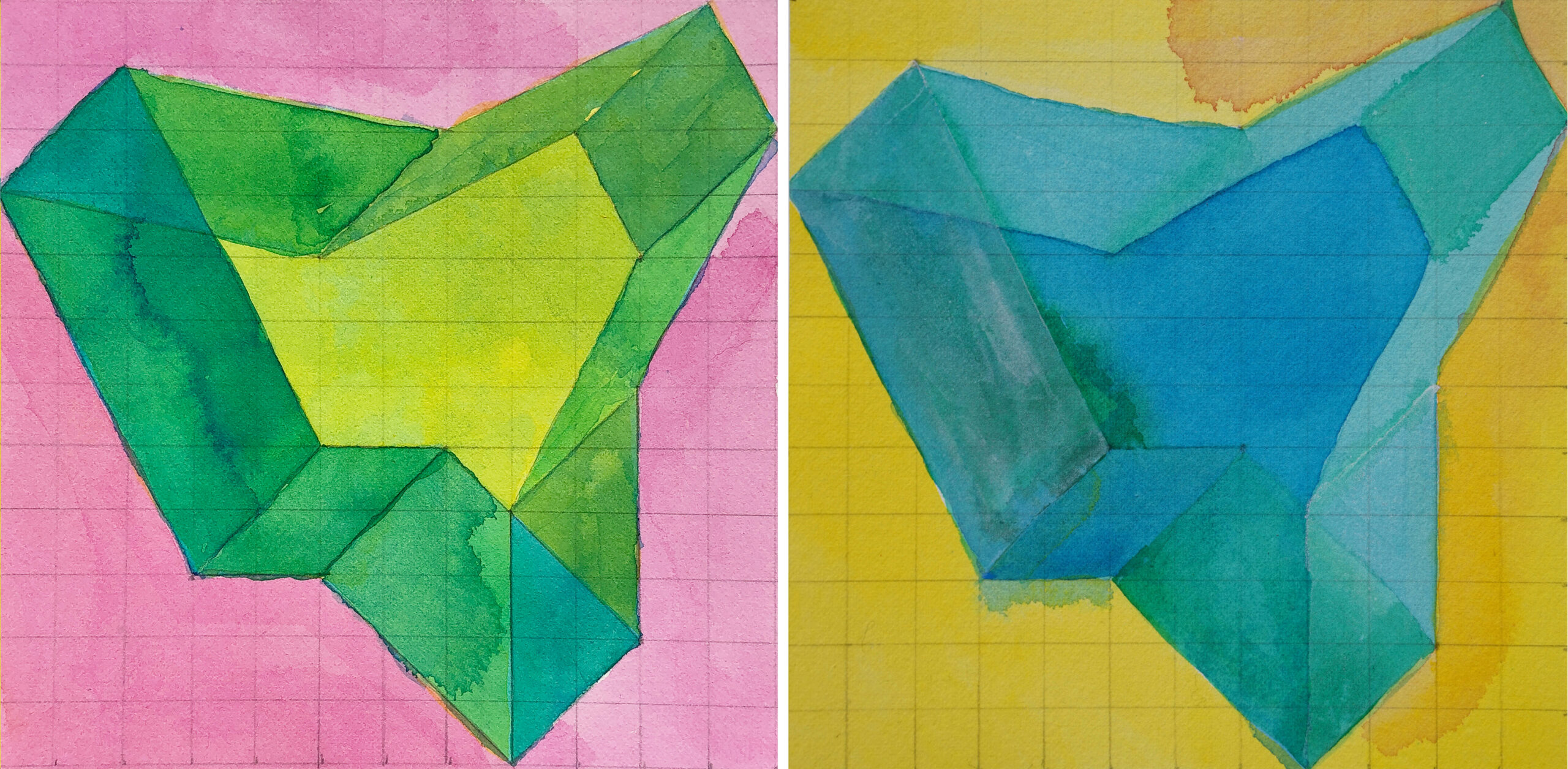 The angular planes begin to enclose a space like strips of paper folded to make a concave polygon. Wish still has hope, with its greens and pinks; Worry is mostly worried, with blues that fade into each other, in a field that’s yellow yet somber.