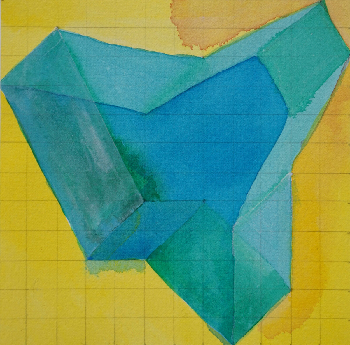 Angular planes enclose a space like strips of paper folded to make a concave polygon with blues that fade into each other in a field that’s yellow but murky.